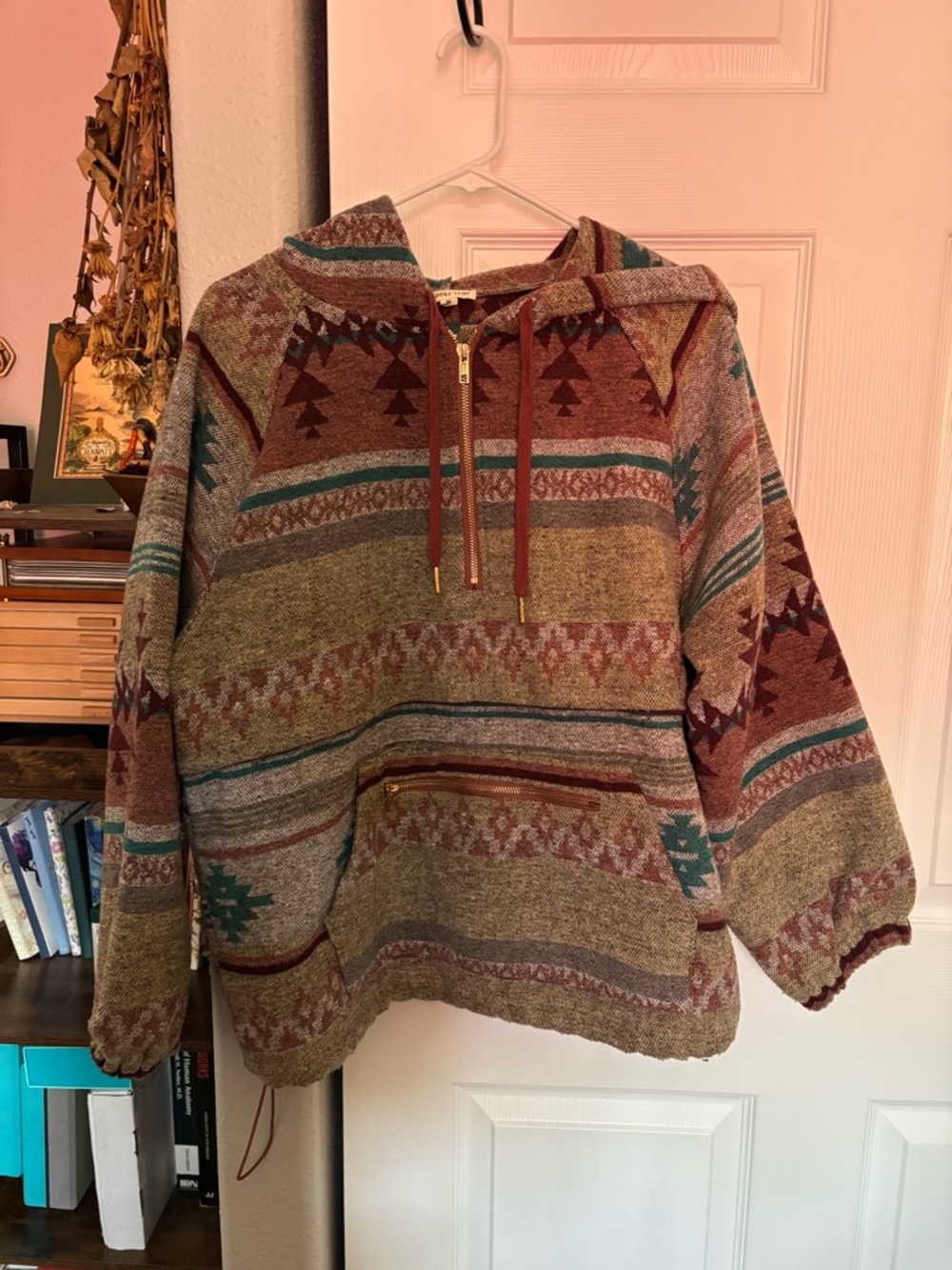 Southwestern Pattern Hooded Pullover in Olive, Burgundy & Teal